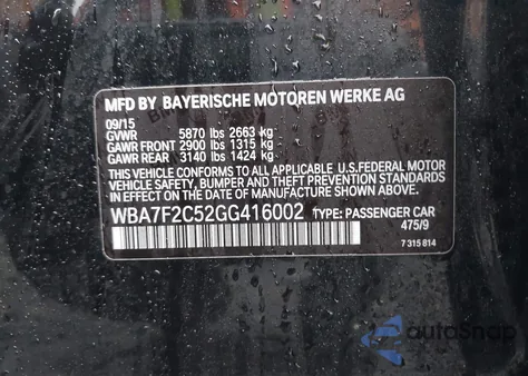 2016 BMW 750I xDrive z USA, uszkodzony, nr VIN WBA7F2C52GG416002